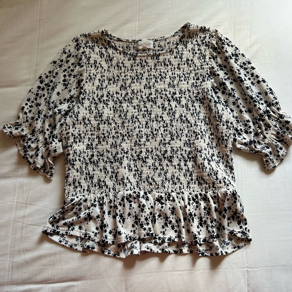 Smocked Black + Cream Blouse